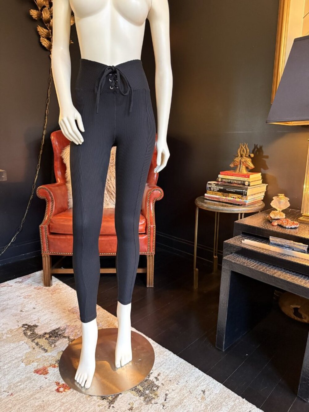 Year of Ours Black Ribbed Lace-Up High-Waist Football Leggings Size S